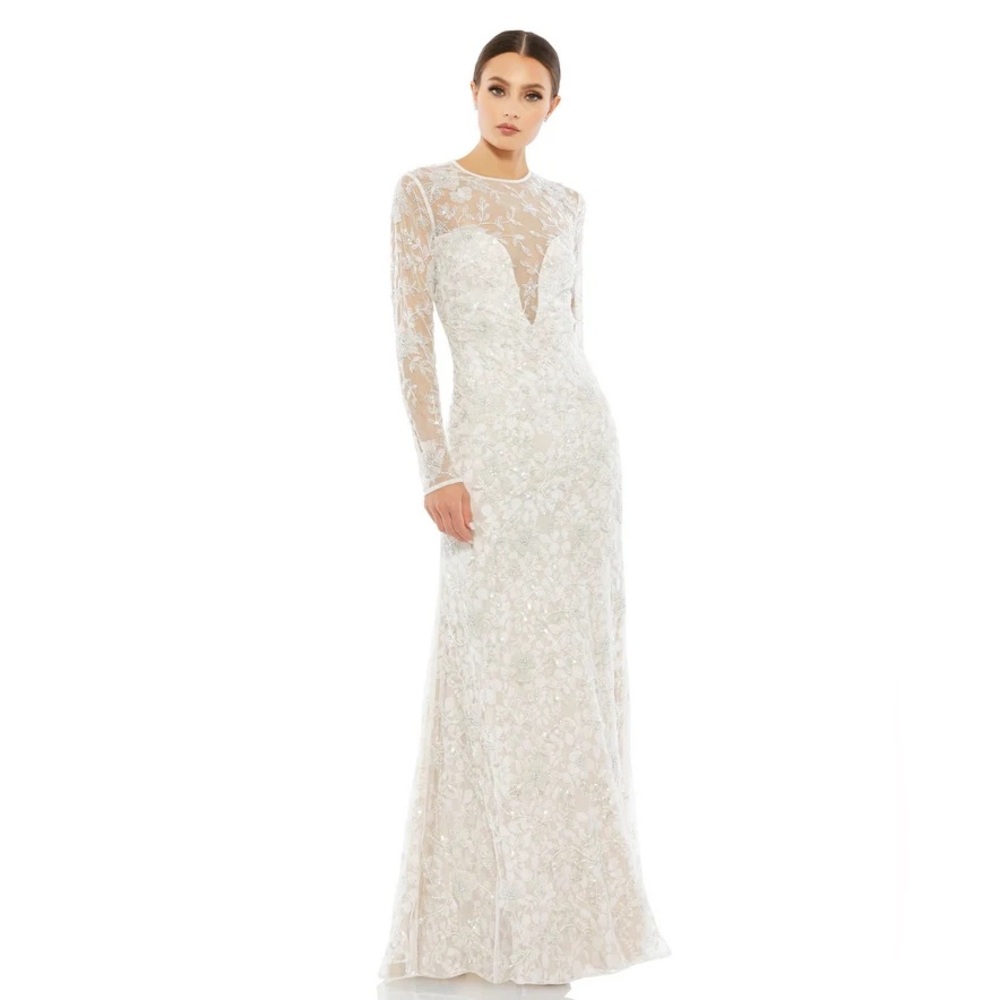 NWT $598 MAC DUGGAL LONG SLEEVE FLORAL EMBELLISHED GOWN DRESS WHITE 10821